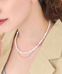 【金属アレルギー対応】クラシカルパール×チェーン2連ネックレス/全長:41cm/サージカルステンレス