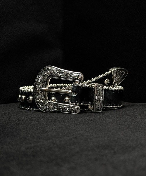 CALIFORNIA OUTFITTERS(カリフォルニア アウトフィッターズ)の「5A18 ブラックレザー スリムベルト シルバースタッズ(ベルト・メンズ・ブラック・ONESIZE)」の1枚目の写真