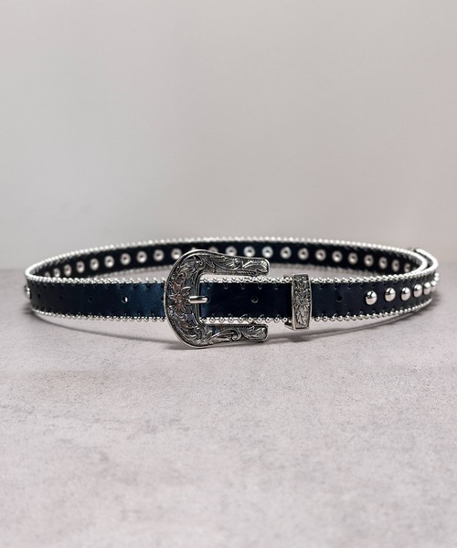 CALIFORNIA OUTFITTERS(カリフォルニア アウトフィッターズ)の「5A18 ブラックレザー スリムベルト シルバースタッズ(ベルト・メンズ・ブラック・ONESIZE)」の3枚目の写真