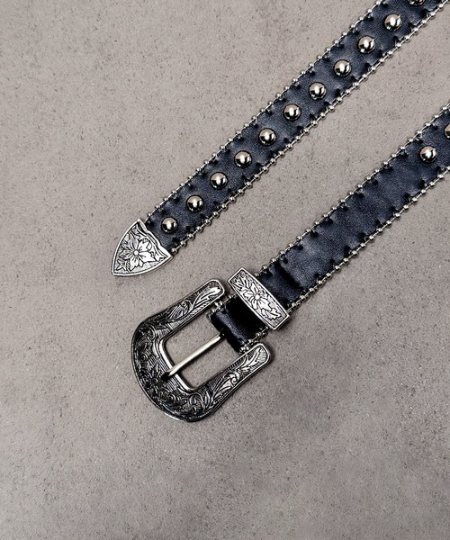 CALIFORNIA OUTFITTERS(カリフォルニア アウトフィッターズ)の「5A18 ブラックレザー スリムベルト シルバースタッズ(ベルト・メンズ・ブラック・ONESIZE)」の4枚目の写真
