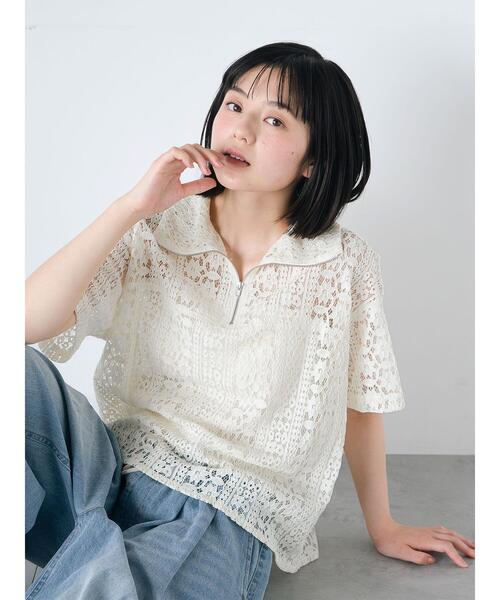 ehka sopo（エヘカソポ）の「ハーフジップレースシャツ（シャツ/ブラウス・レディース・オフホワイト/キナリ/サックスブルー/ブラック・F）」の2枚目の写真