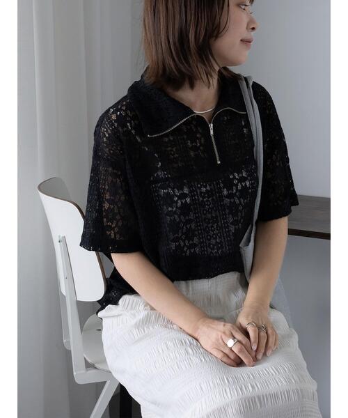 ehka sopo（エヘカソポ）の「ハーフジップレースシャツ（シャツ/ブラウス・レディース・オフホワイト/キナリ/サックスブルー/ブラック・F）」の3枚目の写真