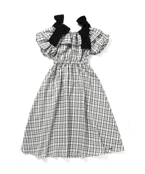 algy（アルジー）の「オフショルりぼんミディワンピ（ワンピース・キッズ・チェック/インディゴブルー・MEDIUM/SMALL）」の2枚目の写真