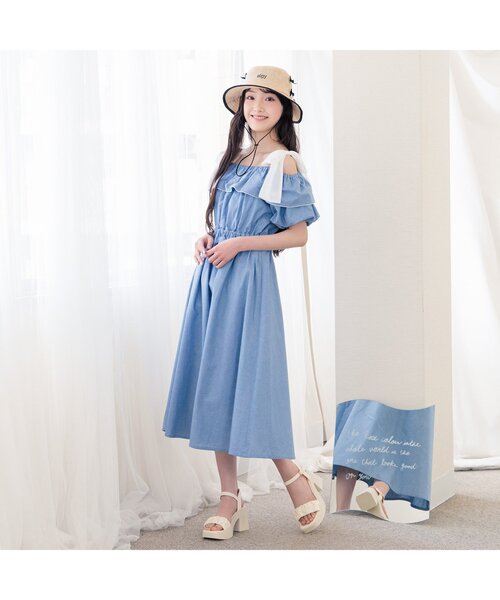 algy（アルジー）の「オフショルりぼんミディワンピ（ワンピース・キッズ・チェック/インディゴブルー・MEDIUM/SMALL）」の3枚目の写真