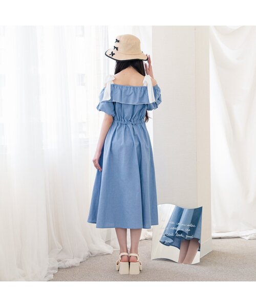 algy（アルジー）の「オフショルりぼんミディワンピ（ワンピース・キッズ・チェック/インディゴブルー・MEDIUM/SMALL）」の4枚目の写真