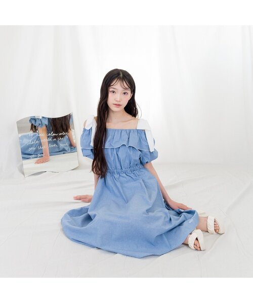 algy（アルジー）の「オフショルりぼんミディワンピ（ワンピース・キッズ・チェック/インディゴブルー・MEDIUM/SMALL）」の5枚目の写真