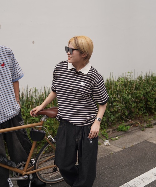 ぽん丸 balloon border polo shirt / バルーンボーダーポロシャツ