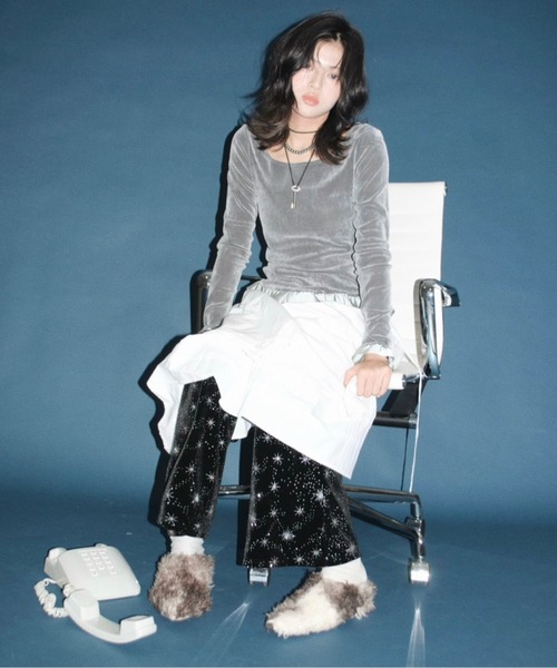 musubore(ムスボレ)の「bi-color flocky frill tops / フロッキーフリルトップス(Tシャツ/カットソー・レディース・グレー/パープル・FREE)」の15枚目の写真