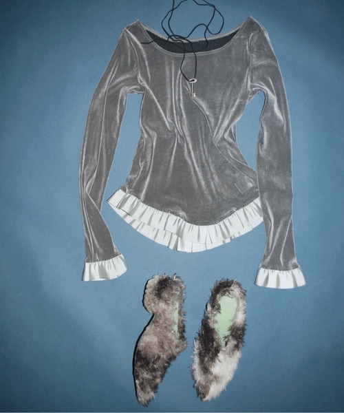 musubore(ムスボレ)の「bi-color flocky frill tops / フロッキーフリルトップス(Tシャツ/カットソー・レディース・グレー/パープル・FREE)」の14枚目の写真