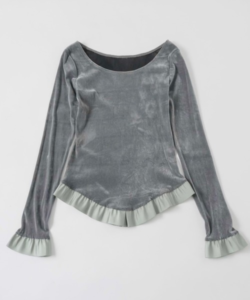 musubore(ムスボレ)の「bi-color flocky frill tops / フロッキーフリルトップス(Tシャツ/カットソー・レディース・グレー/パープル・FREE)」の18枚目の写真
