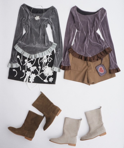 musubore(ムスボレ)の「bi-color flocky frill tops / フロッキーフリルトップス(Tシャツ/カットソー・レディース・グレー/パープル・FREE)」の14枚目の写真