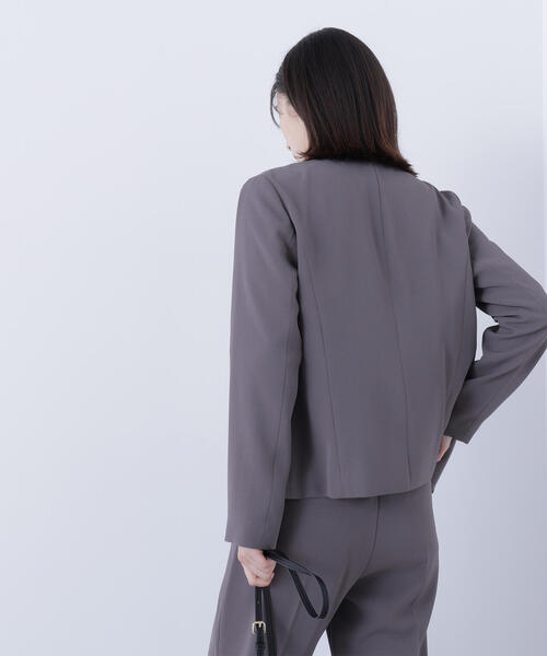 【美品】 ナチュラルビューティーベーシック ノーカラーセットアップ S ◇ストレッチツイルセットアップシリーズ ノーカラージャケット
