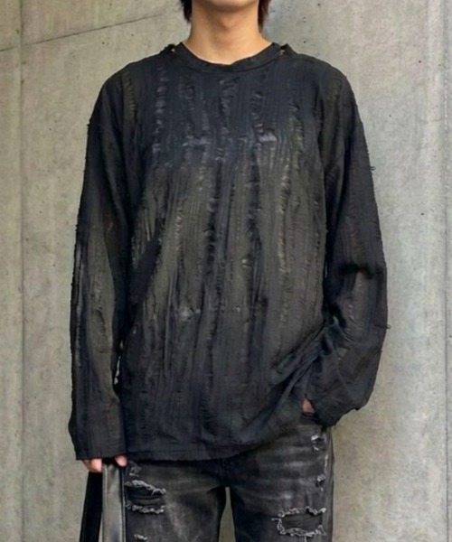 link lot(リンクロット)の「ダメージ加工ビッグシルエット無地ニットソー(Tシャツ/カットソー・メンズ・ネイビー/ダークグレー/ブラック・S/M)」の1枚目の写真