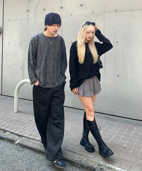 link lot(リンクロット)の「ダメージ加工ビッグシルエット無地ニットソー(Tシャツ/カットソー・メンズ・ネイビー/ダークグレー/ブラック・S/M)」の20枚目の写真