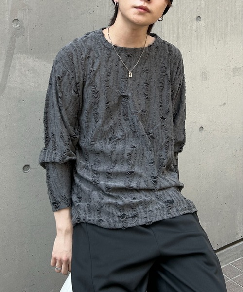 link lot(リンクロット)の「ダメージ加工ビッグシルエット無地ニットソー(Tシャツ/カットソー・メンズ・ネイビー/ダークグレー/ブラック・S/M)」の21枚目の写真
