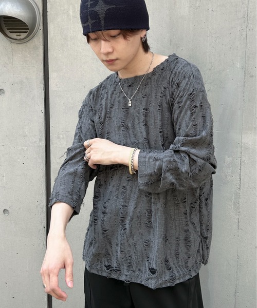 link lot(リンクロット)の「ダメージ加工ビッグシルエット無地ニットソー(Tシャツ/カットソー・メンズ・ネイビー/ダークグレー/ブラック・S/M)」の10枚目の写真