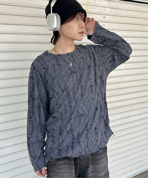 link lot(リンクロット)の「ダメージ加工ビッグシルエット無地ニットソー(Tシャツ/カットソー・メンズ・ネイビー/ダークグレー/ブラック・S/M)」の9枚目の写真