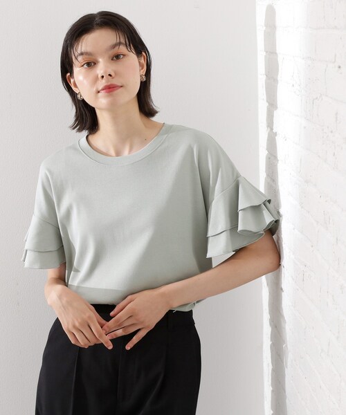 THE SHOP TK (ザ ショップ ティーケー )の「【汗染み防止】袖フリルTシャツ【UVカット/洗濯機OK】(Tシャツ/カットソー・レディース・オフホワイト/サックスブルー/ブラウン系/スミクロ・13/12)」の4枚目の写真