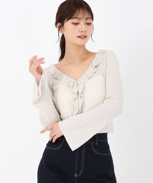 MISCH MASCH(ミッシュマッシュ)の「ラッフルシアーカーディガン(カーディガン/ボレロ・レディース・ライトグレー/ピンク/ブラウン・フリ-)」の4枚目の写真