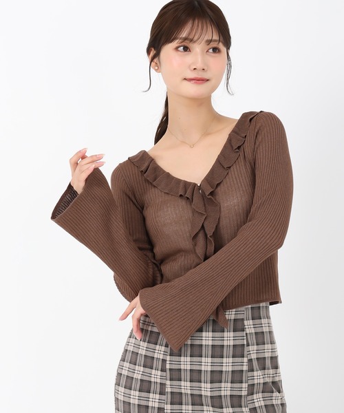 MISCH MASCH(ミッシュマッシュ)の「ラッフルシアーカーディガン(カーディガン/ボレロ・レディース・ライトグレー/ピンク/ブラウン・フリ-)」の7枚目の写真