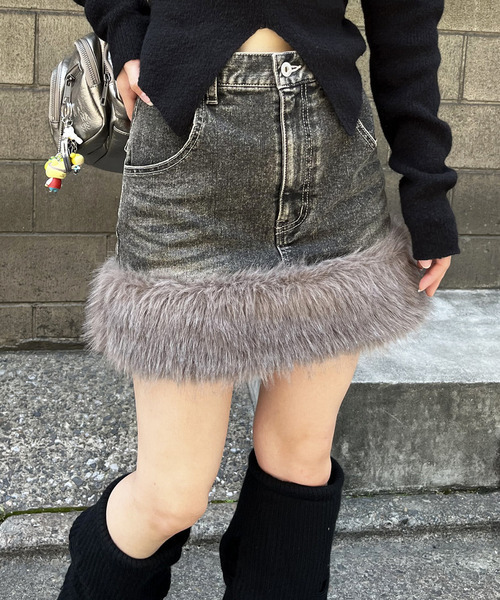 SPIRALGIRL（スパイラルガール）の「ファーデニムスカート（デニムスカート・レディース・ブラック/ブルー・FREE）」の2枚目の写真