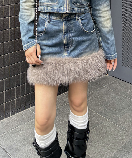 SPIRALGIRL（スパイラルガール）の「ファーデニムスカート（デニムスカート・レディース・ブラック/ブルー・FREE）」の6枚目の写真