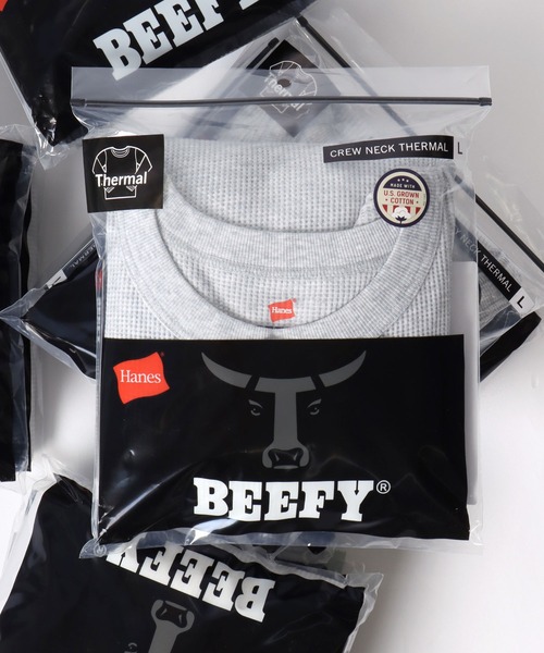 HANES(ヘインズ)の「Hanes/へインズ BEEFY/ビーフィー 無地 ワッフル/サーマル クルーネック 長袖Tシャツ/ロングスリーブTシャツ/1P パックT/レディース メンズ(Tシャツ/カットソー・メンズ・ホワイト/ネイビー/ブラック/グレー・S/XL/L/M)」の3枚目の写真