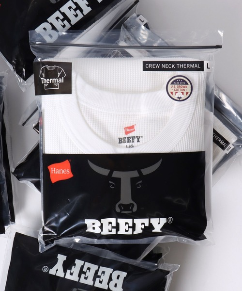 HANES(ヘインズ)の「Hanes/へインズ BEEFY/ビーフィー 無地 ワッフル/サーマル クルーネック 長袖Tシャツ/ロングスリーブTシャツ/1P パックT/レディース メンズ(Tシャツ/カットソー・メンズ・ホワイト/ネイビー/ブラック/グレー・S/XL/L/M)」の1枚目の写真