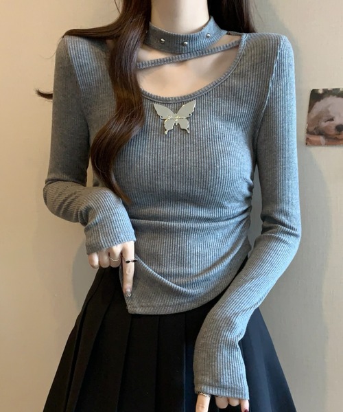 AsheKsha（アシクシャ）の「バタフライモチーフストラップロンスリーブカットソー（Tシャツ/カットソー・レディース・ブラック/グレー/ベージュ・S）」の4枚目の写真