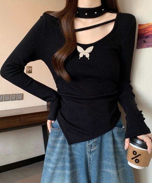 AsheKsha（アシクシャ）の「バタフライモチーフストラップロンスリーブカットソー（Tシャツ/カットソー・レディース・ブラック/グレー/ベージュ・S）」の7枚目の写真