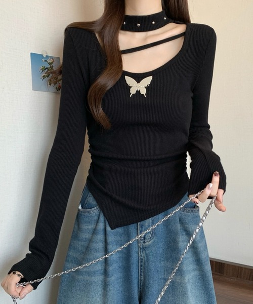 AsheKsha（アシクシャ）の「バタフライモチーフストラップロンスリーブカットソー（Tシャツ/カットソー・レディース・ブラック/グレー/ベージュ・S）」の8枚目の写真
