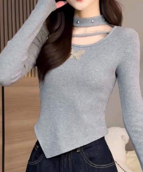 AsheKsha（アシクシャ）の「バタフライモチーフストラップロンスリーブカットソー（Tシャツ/カットソー・レディース・ブラック/グレー/ベージュ・S）」の9枚目の写真