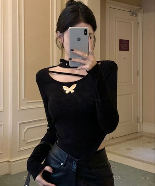 AsheKsha（アシクシャ）の「バタフライモチーフストラップロンスリーブカットソー（Tシャツ/カットソー・レディース・ブラック/グレー/ベージュ・S）」の10枚目の写真