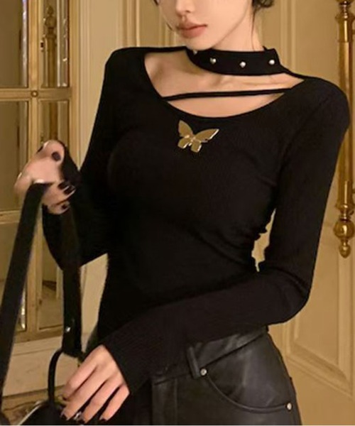 AsheKsha（アシクシャ）の「バタフライモチーフストラップロンスリーブカットソー（Tシャツ/カットソー・レディース・ブラック/グレー/ベージュ・S）」の11枚目の写真
