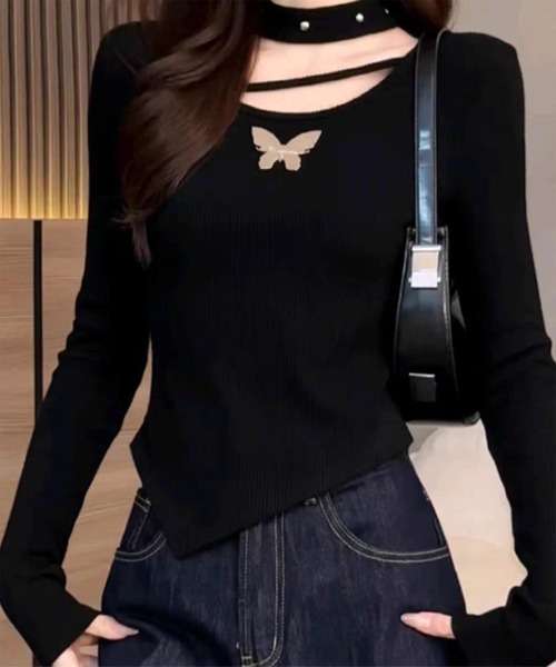 AsheKsha（アシクシャ）の「バタフライモチーフストラップロンスリーブカットソー（Tシャツ/カットソー・レディース・ブラック/グレー/ベージュ・S）」の12枚目の写真