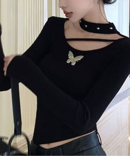 AsheKsha（アシクシャ）の「バタフライモチーフストラップロンスリーブカットソー（Tシャツ/カットソー・レディース・ブラック/グレー/ベージュ・S）」の14枚目の写真