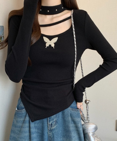 AsheKsha（アシクシャ）の「バタフライモチーフストラップロンスリーブカットソー（Tシャツ/カットソー・レディース・ブラック/グレー/ベージュ・S）」の19枚目の写真