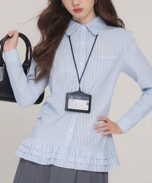 セール】裾フリル切替ストライプシャツ（シャツ/ブラウス）｜GEMEDA
