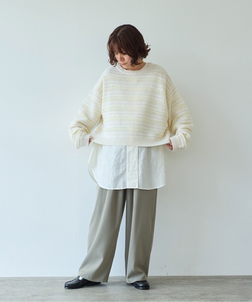 yuni(ユニ )の「ウールコットン透かし編み short プルオーバー(ニット/セーター・レディース・ホワイト/ブラック・FREE)」の3枚目の写真