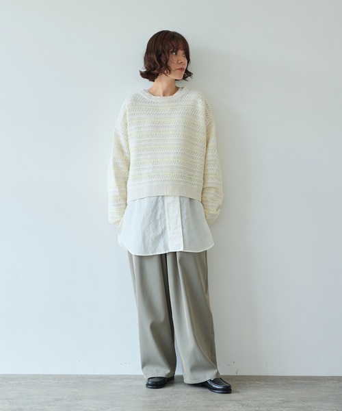 yuni(ユニ )の「ウールコットン透かし編み short プルオーバー(ニット/セーター・レディース・ホワイト/ブラック・FREE)」の4枚目の写真