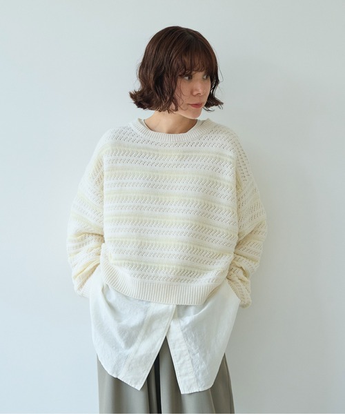 yuni(ユニ )の「ウールコットン透かし編み short プルオーバー(ニット/セーター・レディース・ホワイト/ブラック・FREE)」の7枚目の写真