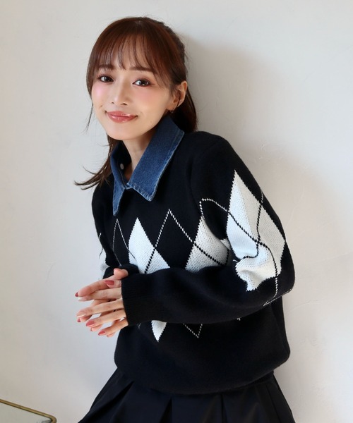 CECIL McBEE(セシルマクビー)の「デニム取り外し襟付きアーガイルニット(ニット/セーター・レディース・アイボリー/ブラウン/ブラック・MEDIUM)」の2枚目の写真