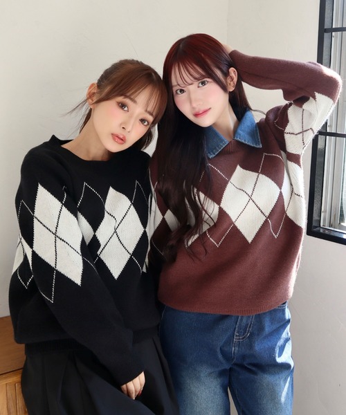 CECIL McBEE(セシルマクビー)の「デニム取り外し襟付きアーガイルニット(ニット/セーター・レディース・アイボリー/ブラウン/ブラック・MEDIUM)」の4枚目の写真