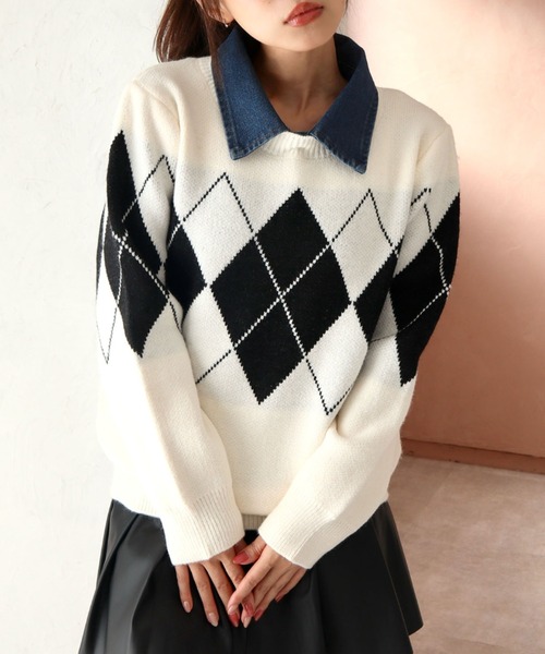 CECIL McBEE(セシルマクビー)の「デニム取り外し襟付きアーガイルニット(ニット/セーター・レディース・アイボリー/ブラウン/ブラック・MEDIUM)」の5枚目の写真