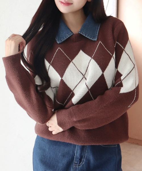 CECIL McBEE(セシルマクビー)の「デニム取り外し襟付きアーガイルニット(ニット/セーター・レディース・アイボリー/ブラウン/ブラック・MEDIUM)」の6枚目の写真