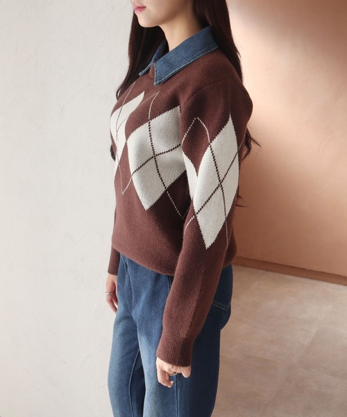 CECIL McBEE(セシルマクビー)の「デニム取り外し襟付きアーガイルニット(ニット/セーター・レディース・アイボリー/ブラウン/ブラック・MEDIUM)」の7枚目の写真