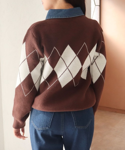 CECIL McBEE(セシルマクビー)の「デニム取り外し襟付きアーガイルニット(ニット/セーター・レディース・アイボリー/ブラウン/ブラック・MEDIUM)」の8枚目の写真