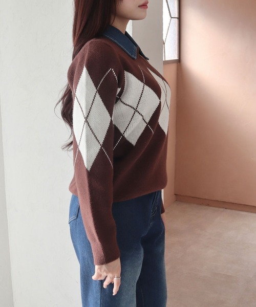 CECIL McBEE(セシルマクビー)の「デニム取り外し襟付きアーガイルニット(ニット/セーター・レディース・アイボリー/ブラウン/ブラック・MEDIUM)」の9枚目の写真