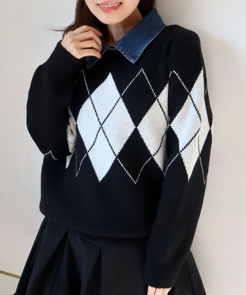 CECIL McBEE(セシルマクビー)の「デニム取り外し襟付きアーガイルニット(ニット/セーター・レディース・アイボリー/ブラウン/ブラック・MEDIUM)」の10枚目の写真