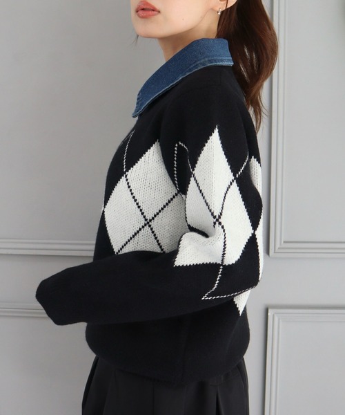 CECIL McBEE(セシルマクビー)の「デニム取り外し襟付きアーガイルニット(ニット/セーター・レディース・アイボリー/ブラウン/ブラック・MEDIUM)」の11枚目の写真